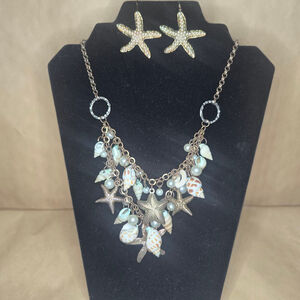 Coastal Beach Seashell Charm Necklace Set w/ Starfish Earrings Boho Jewelry 20"